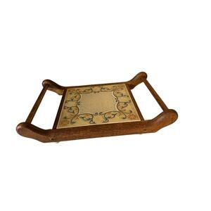 Antique vintage wood serving tray with handles handcrafted 13.5" ceramic tile